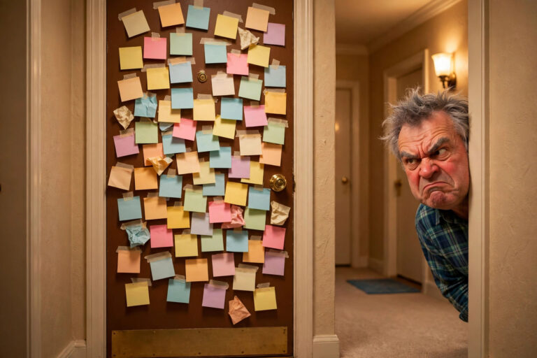 A funny handwritten passive-aggressive note taped to an apartment door
