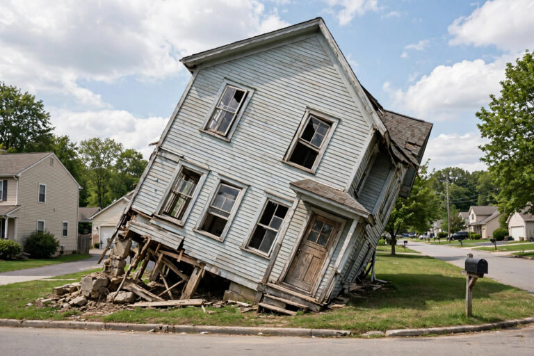 A comically leaning house with crooked windows and doors tilted at a silly angle on a suburban street