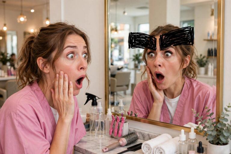 A woman looking in a mirror with comically overdrawn thick eyebrows in a bright beauty salon