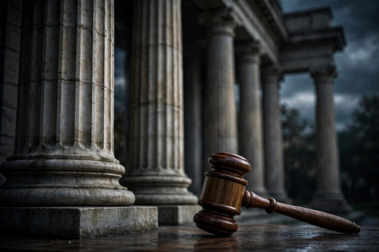 A judge's gavel beside courthouse columns, symbolizing an estate court petition