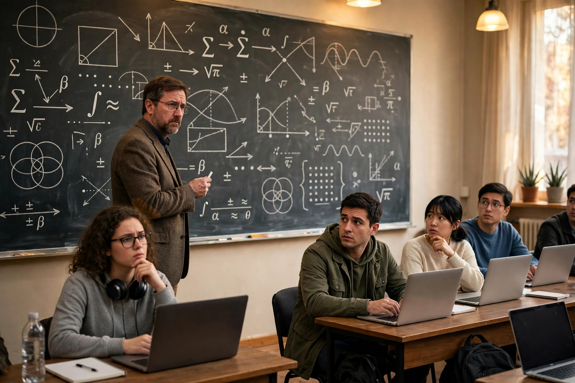 University professor at a chalkboard of math equations while students work on laptops in a lecture hall
