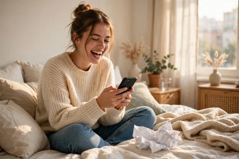 A woman laughing at her phone in bed with a crumpled paper list lying beside her