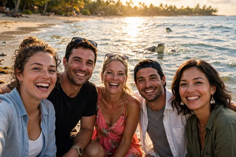 A group photo at the beach photobombed by a sea turtle popping up in the water behind them
