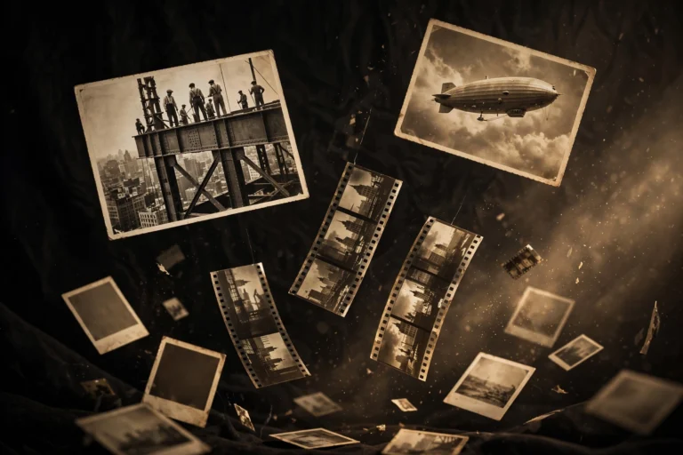 Sepia vintage historical photographs floating over a dark background