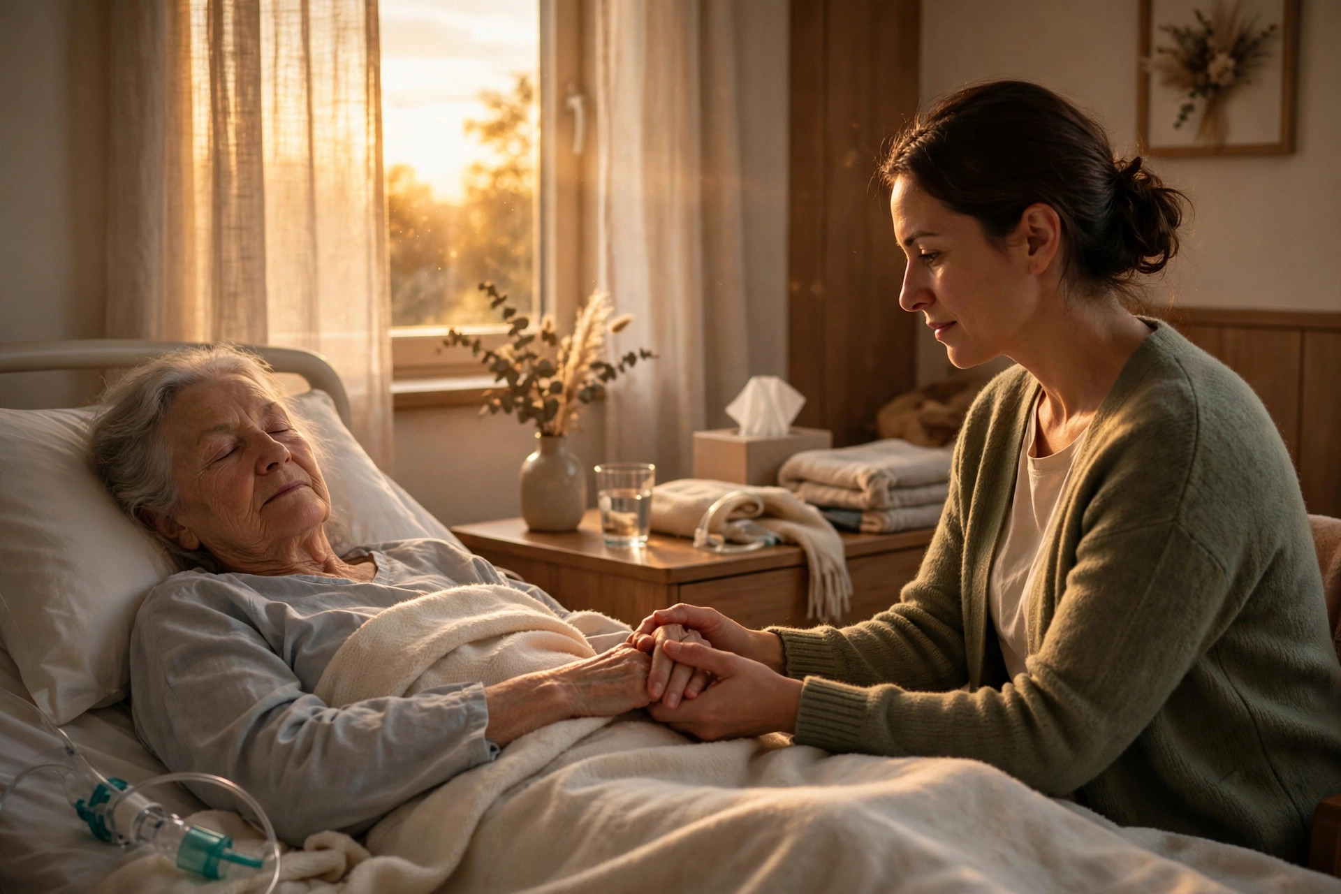 Elderly patient resting peacefully in a warm, sunlit hospice room while holding a loved one's hand
