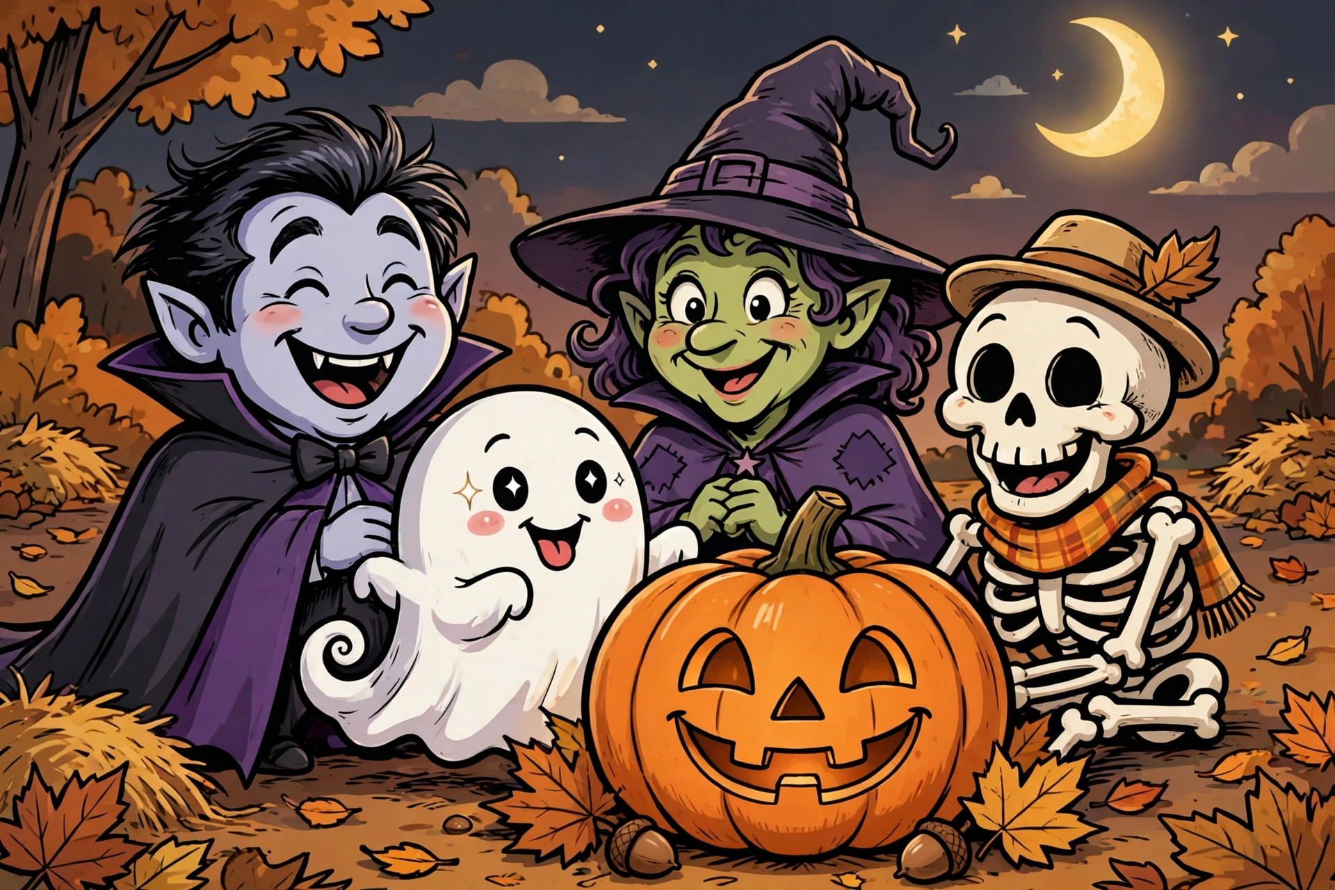 Mark Parisi Halloween comics - friendly cartoon vampire, witch, ghost and skeleton around a pumpkin