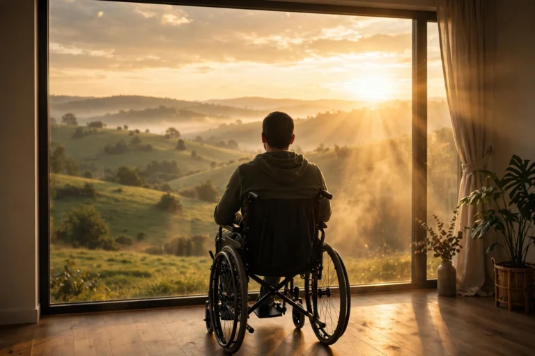 Silhouette of a man in a wheelchair facing a golden sunrise through a large window
