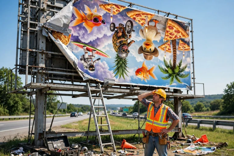 A confused worker staring up at a crooked billboard displaying a hilariously botched advertisement