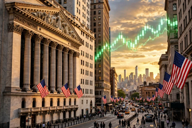 Wall Street with American flags and rising stock chart, Trump economy wins