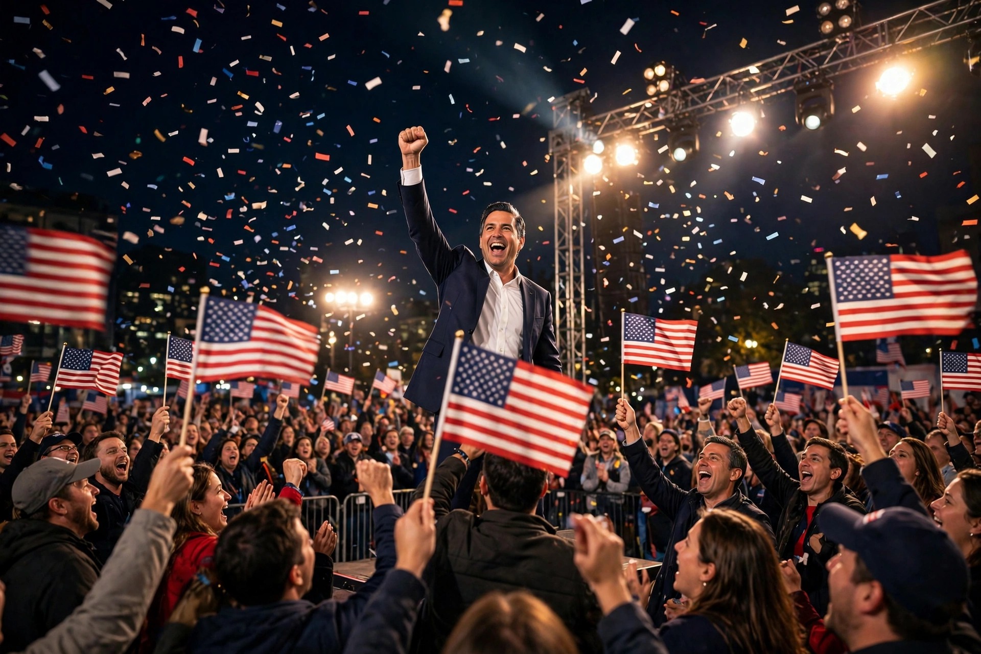 Cheering crowd with American flags and confetti celebrating an election victory