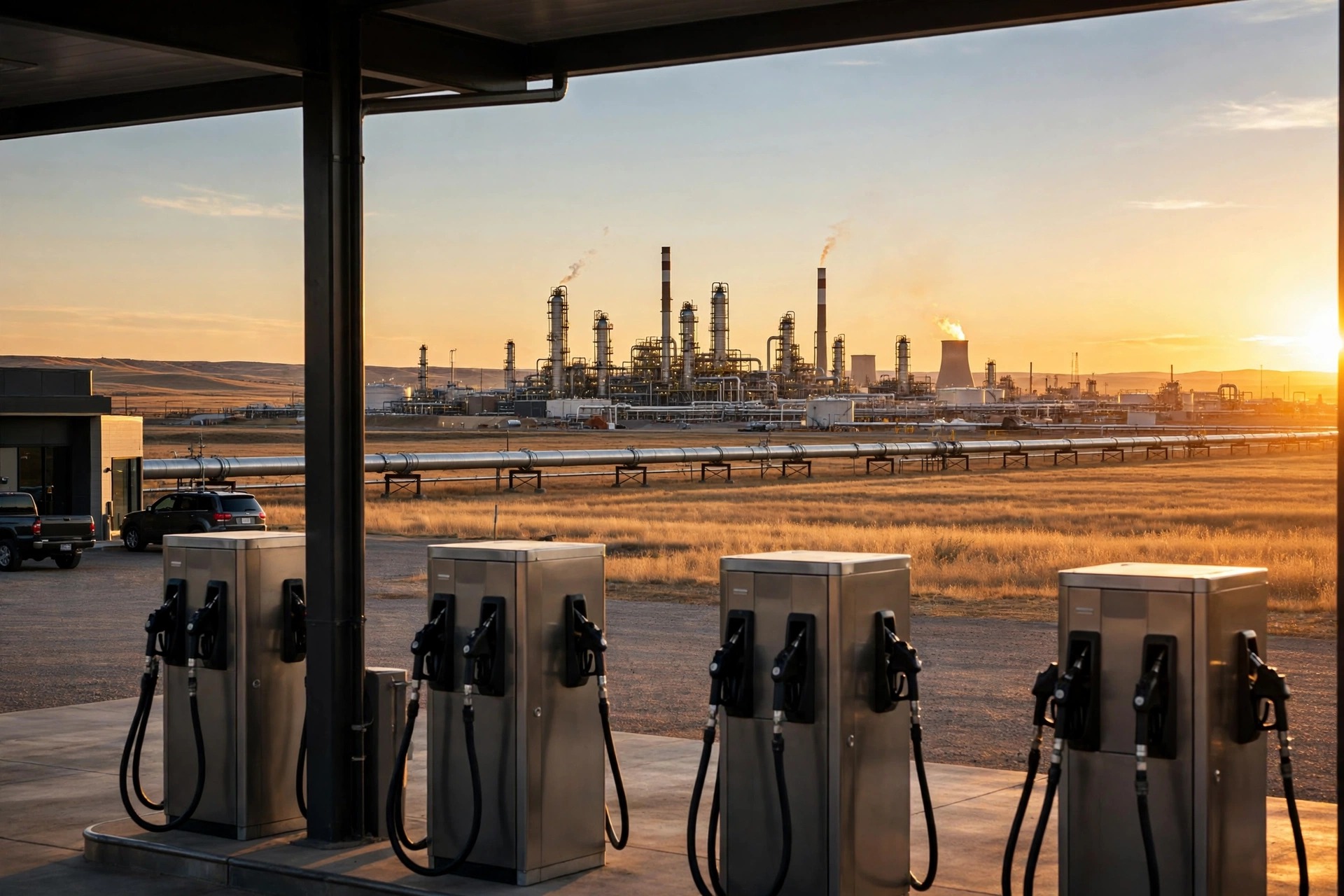 An American gas station at sunset with fuel pumps and an oil refinery in the background