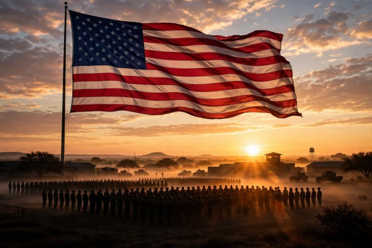 American flag over Fort Hood military base at dawn honoring justice for 13 fallen service members