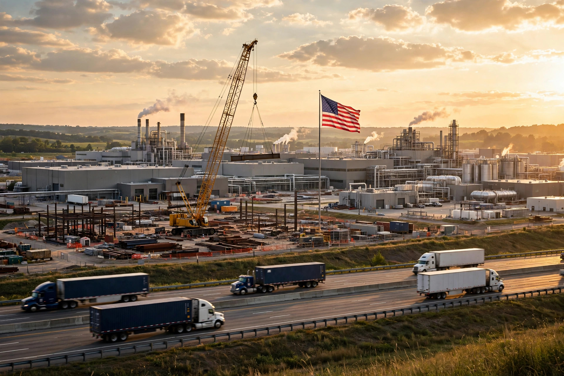 American factories and industrial growth at golden hour representing the booming US economy