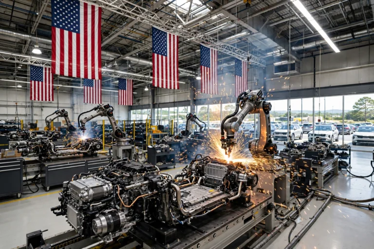 Robotic arms assembling hybrid vehicle powertrains on the factory floor of Hyundai Transys' West Point, Georgia plant