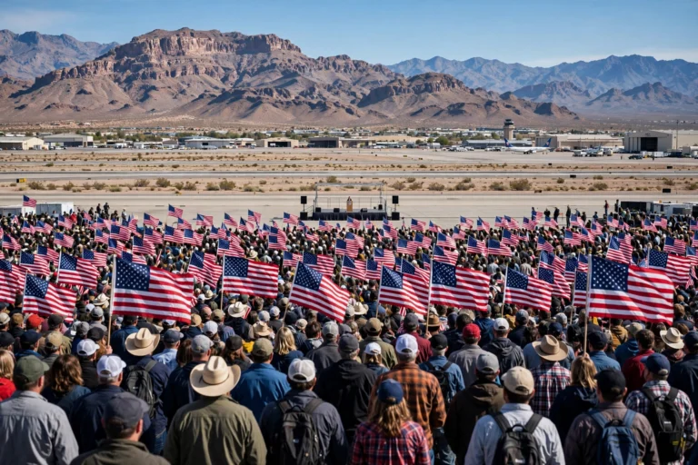 Crowd at an outdoor political rally with American flags in the American West