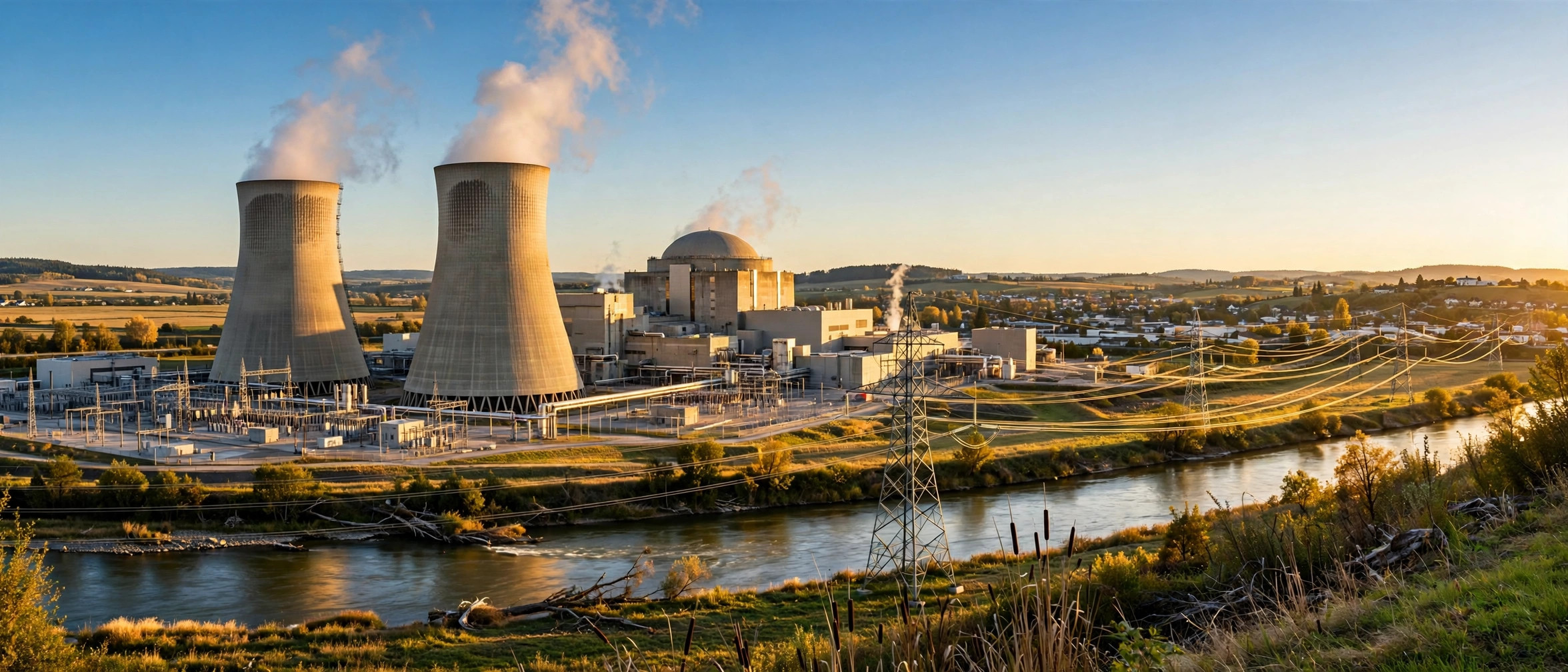 Modern nuclear power plant at sunset with cooling towers and power lines