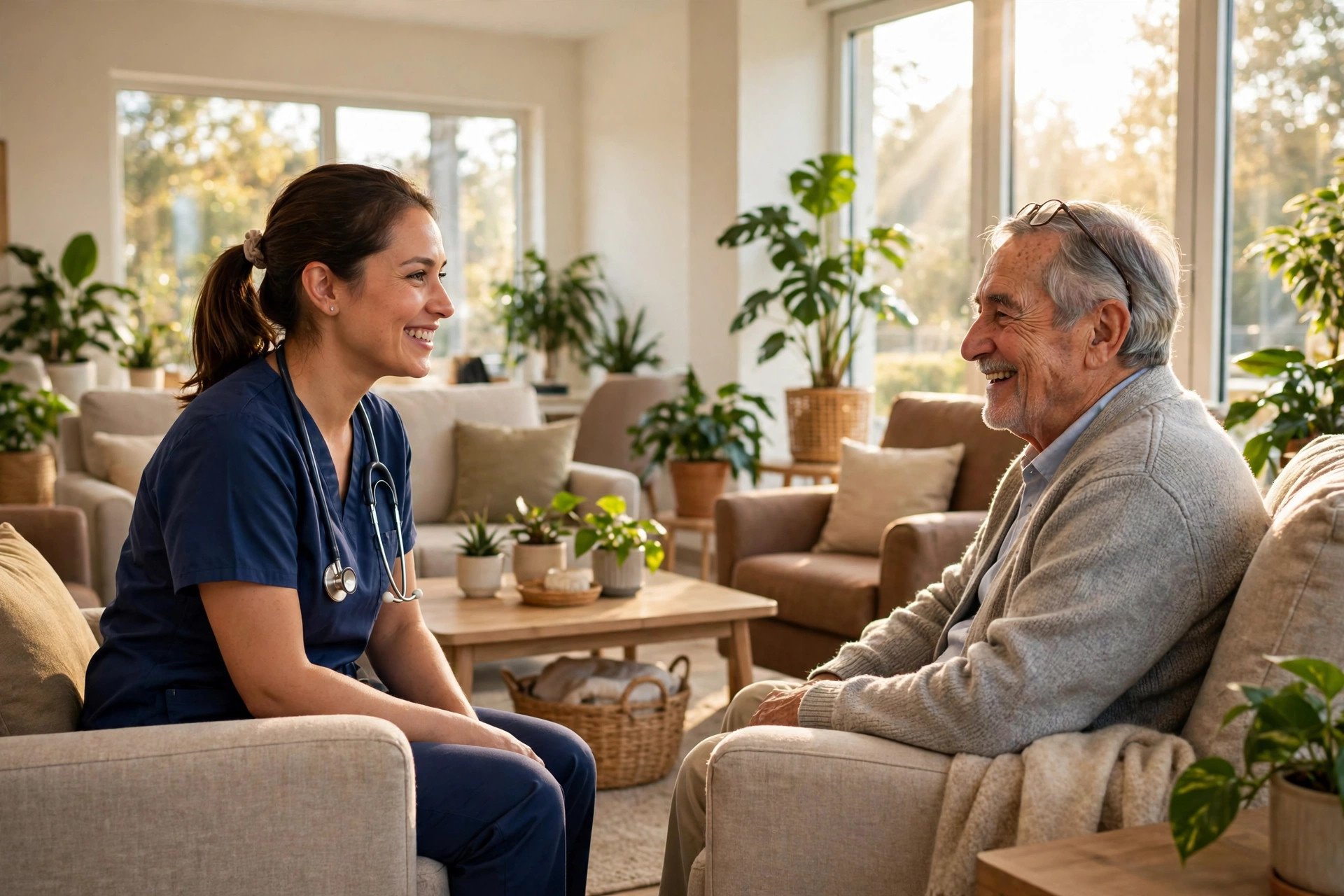 A smiling nurse chatting kindly with a happy elderly resident in a bright nursing home lounge.