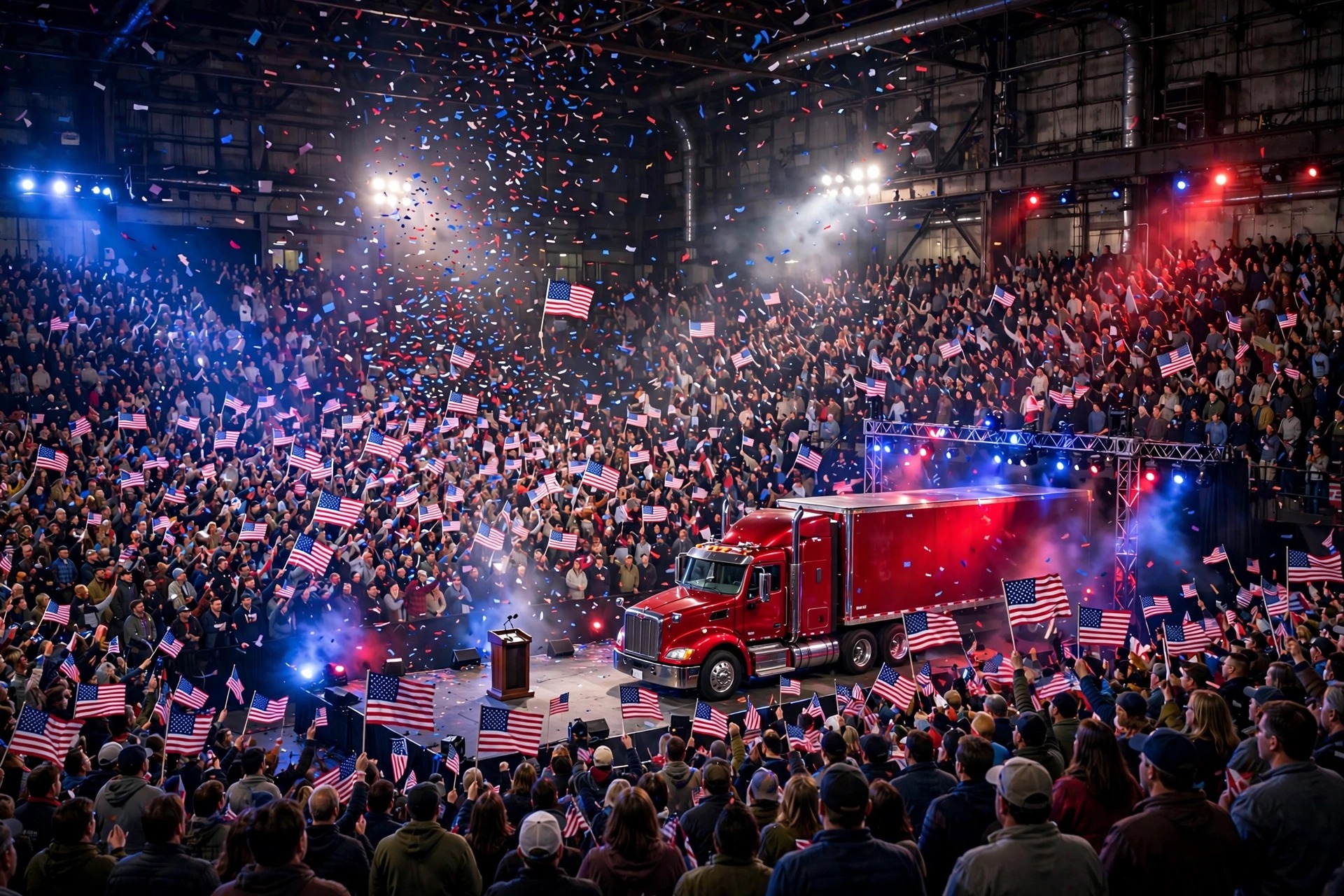 Packed rally arena with American flags, confetti, and a red semi truck on stage