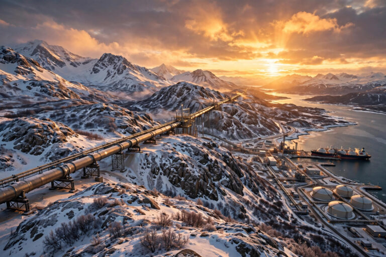 Natural gas pipeline crossing snowy Alaskan mountains at sunset with an LNG tanker ship at a coastal terminal