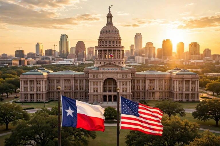 Texas flag and American flag over the Texas State Capitol at sunrise