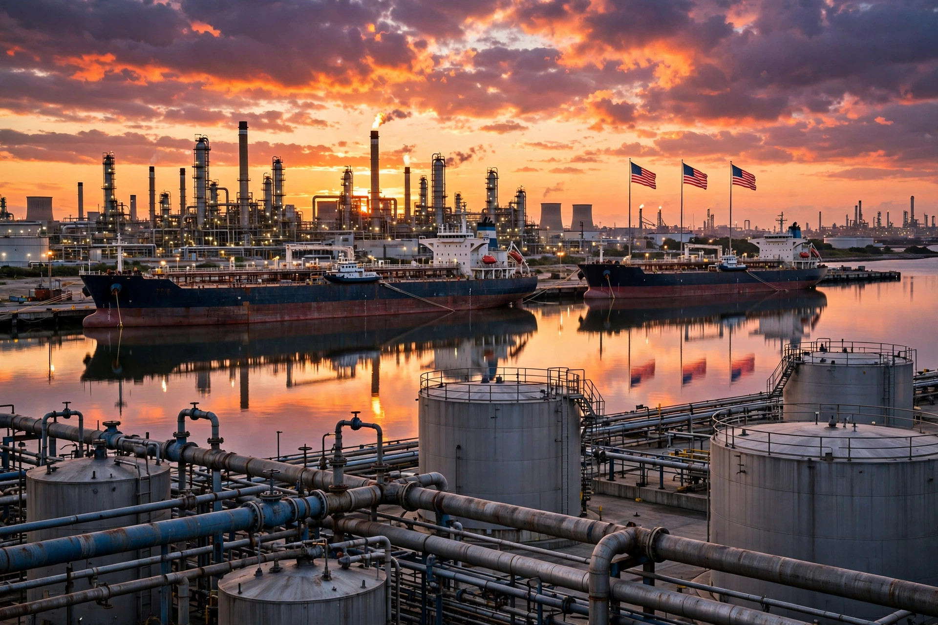Oil tankers docked at a Texas port delivering Venezuelan crude oil at sunset