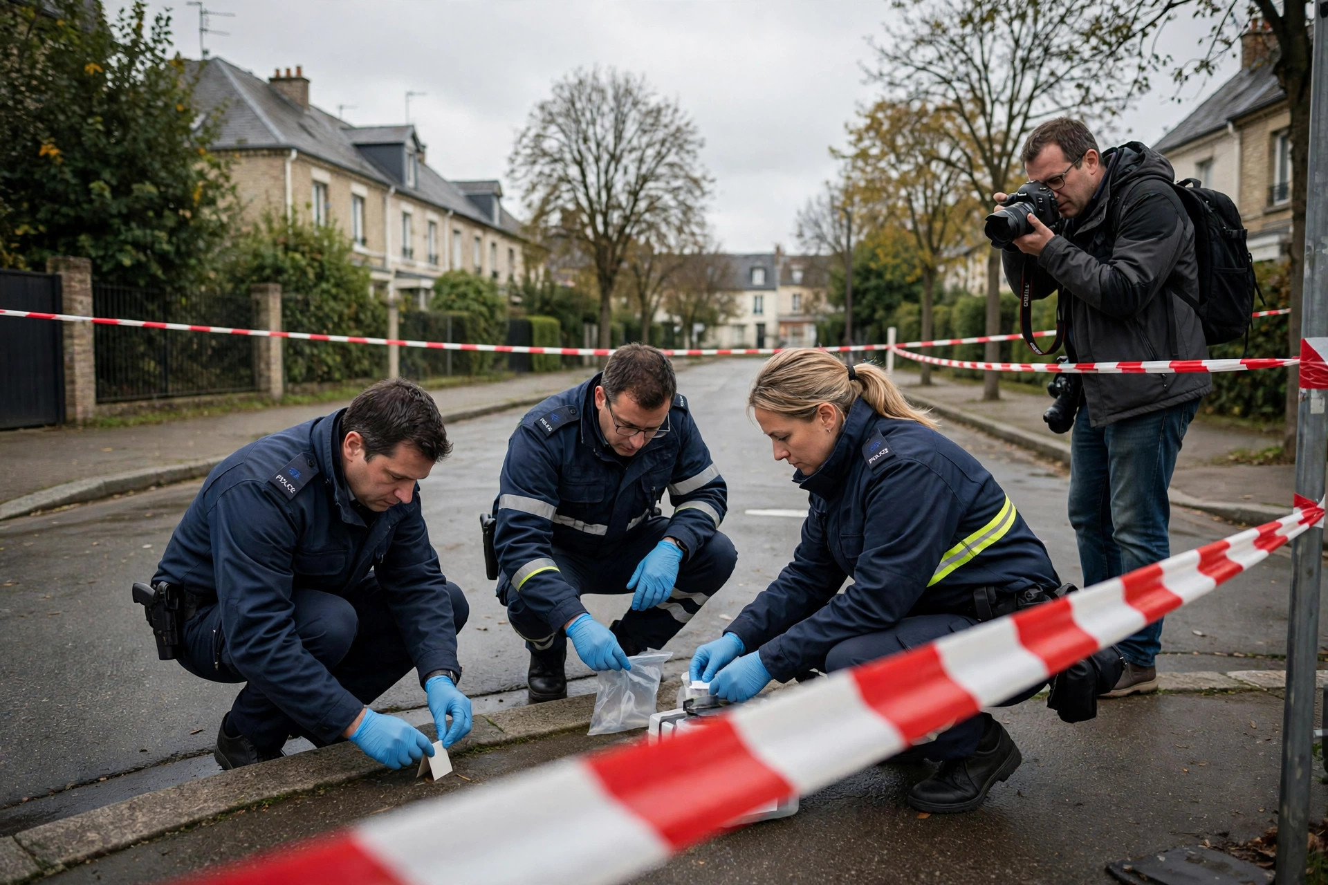 Police investigators at a crime scene in Trappes, Paris suburbs, after the drive-by shooting