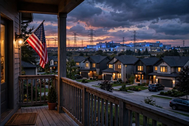 Suburban American neighborhood at dusk with power transmission towers